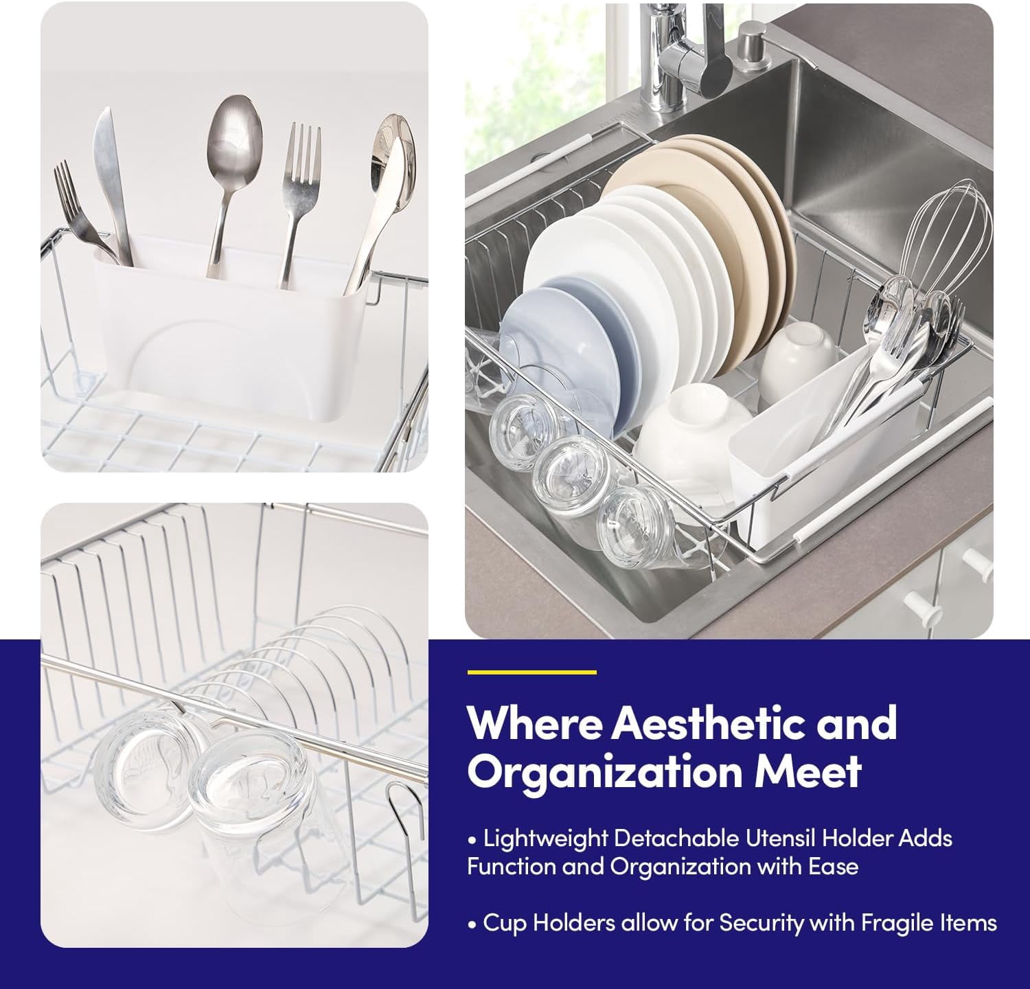 Dish Drying Rack Over The Sink Expandable to 24.5" Dish Drainer — Space-Saving Rectangular Kitchen Extending Drying Station with Utensil Holder, Fits Most Sinks for Easy Dish Organization, White