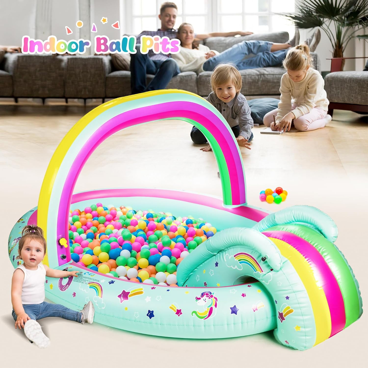 Rainbow Unicorn Inflatable Play Center Kiddie Pool with Slide and Sprinkler for Children, 96''x59''x39''in Baby Pool for Backyard and Garden, Free Inflatable Pump