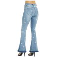 thumbnail image 4 of Womens Floral Daisy Embroidered Mid Rise Bell Bottom Flare Frayed Hem Jeans, Light Denim,XX-Large, 4 of 5