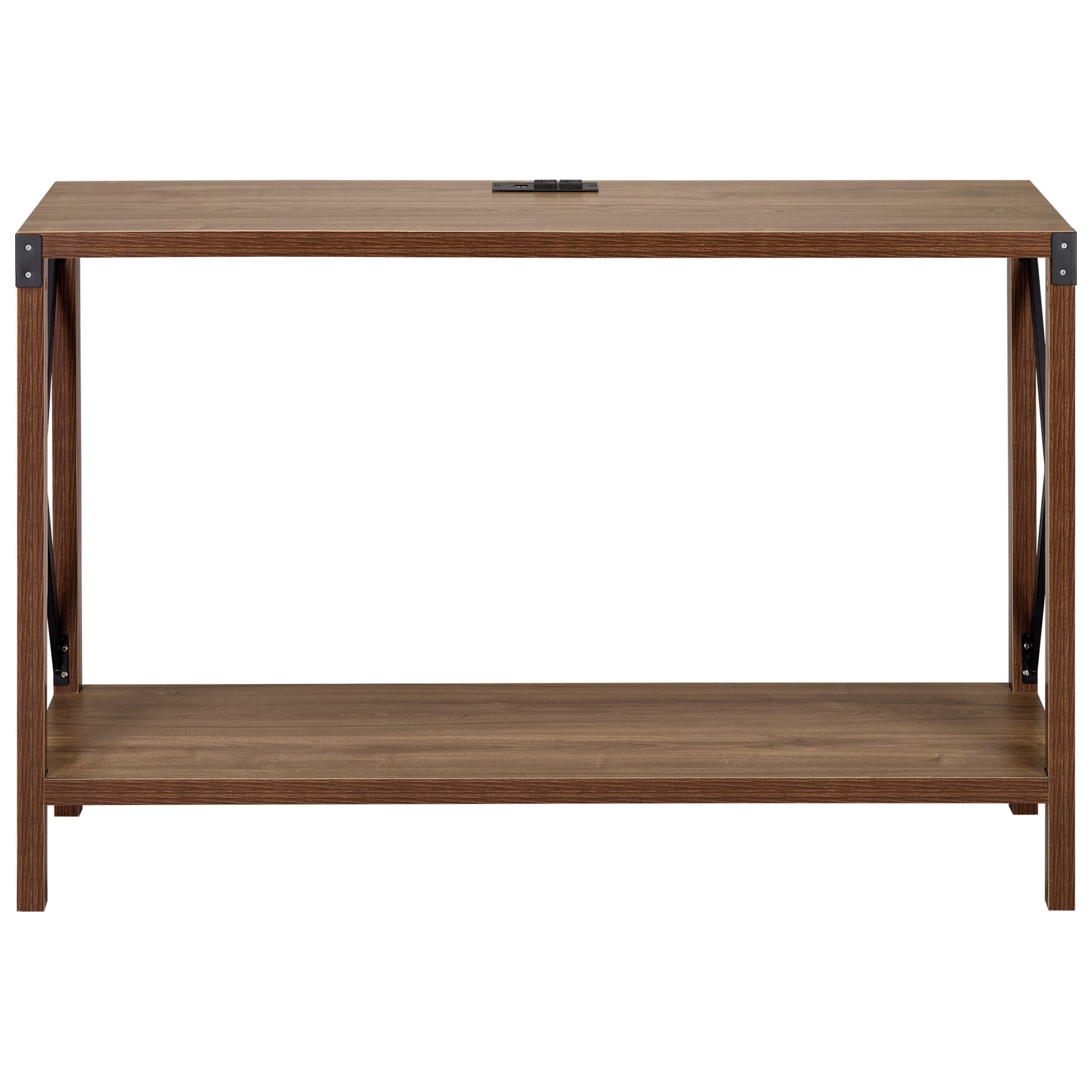 DecorTech Industrial Rectangular Wood Console Table with AC Power and USB Charging Ports, Walnut