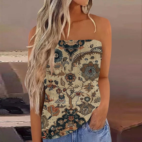 Heisall Women's Casual Loose Fit Strapless Floral Print Tunic Tops Lightweight Breathable Soft Summer Tops