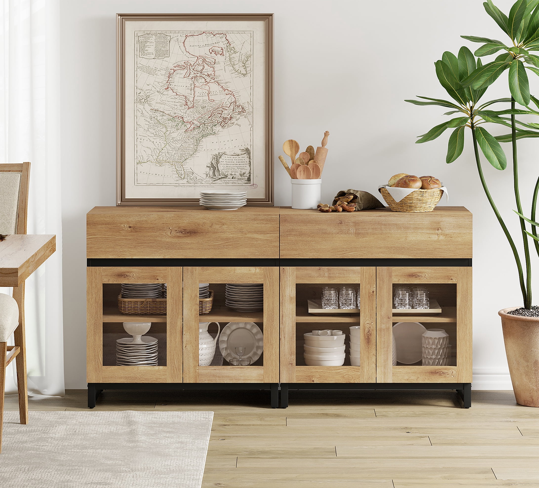 WAMPAT 63" Multifunctional Modern Sideboard Buffet Cabinet with 4 Glass Doors, Credenza & Coffee Bar Storage Cabinet for Living Room & Kitchen