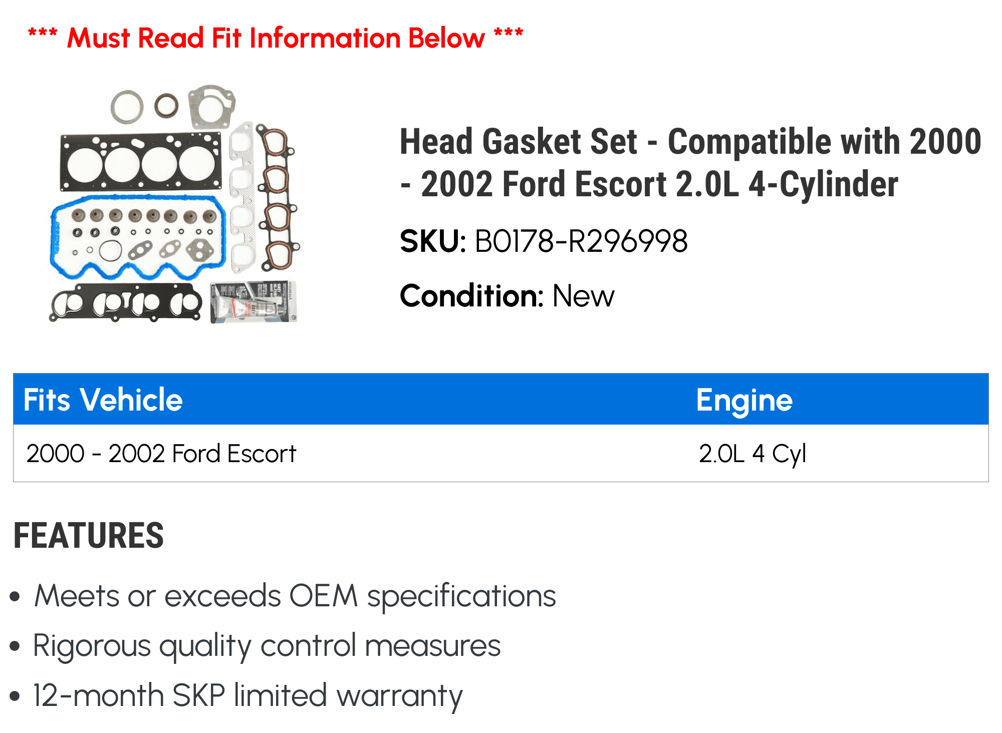 Head Gasket Set - Compatible with 2000 - 2002 Ford Escort 2.0L 4-Cylinder 2001