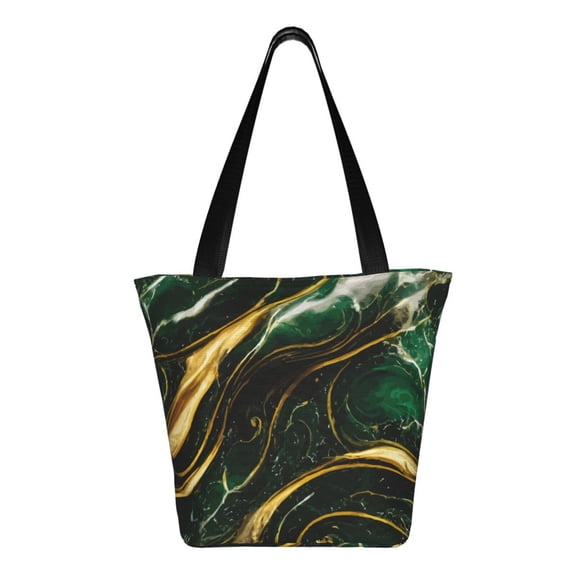 Uemuo Green Marble Print Tote Bags for Women,Large Capacity Corduroy Bag,Reusable Grocery Shoulder Bag,Beach Tote with Zipper Closure, Daily Essentials