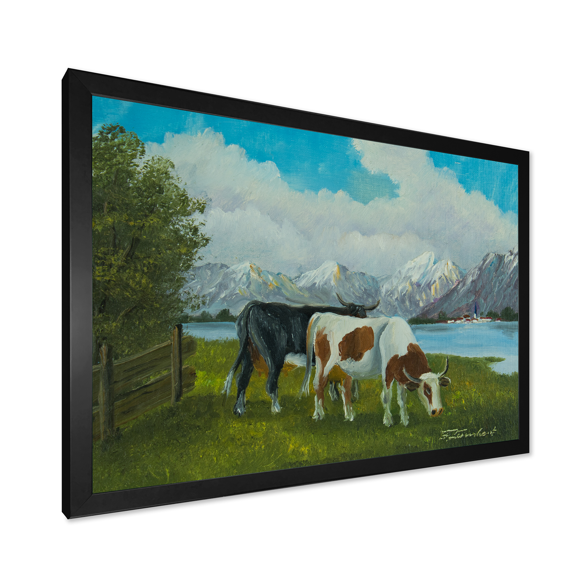 Designart 'Cows Eating Grass In Front Of A Lake' Farmhouse Framed Art Print
