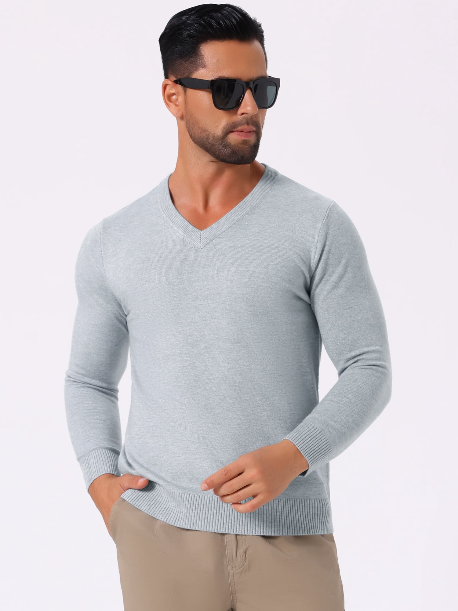 DARING DIVA Men's Long Sleeve V-Neck Solid Knitted Pullover Sweater XL Light Gray