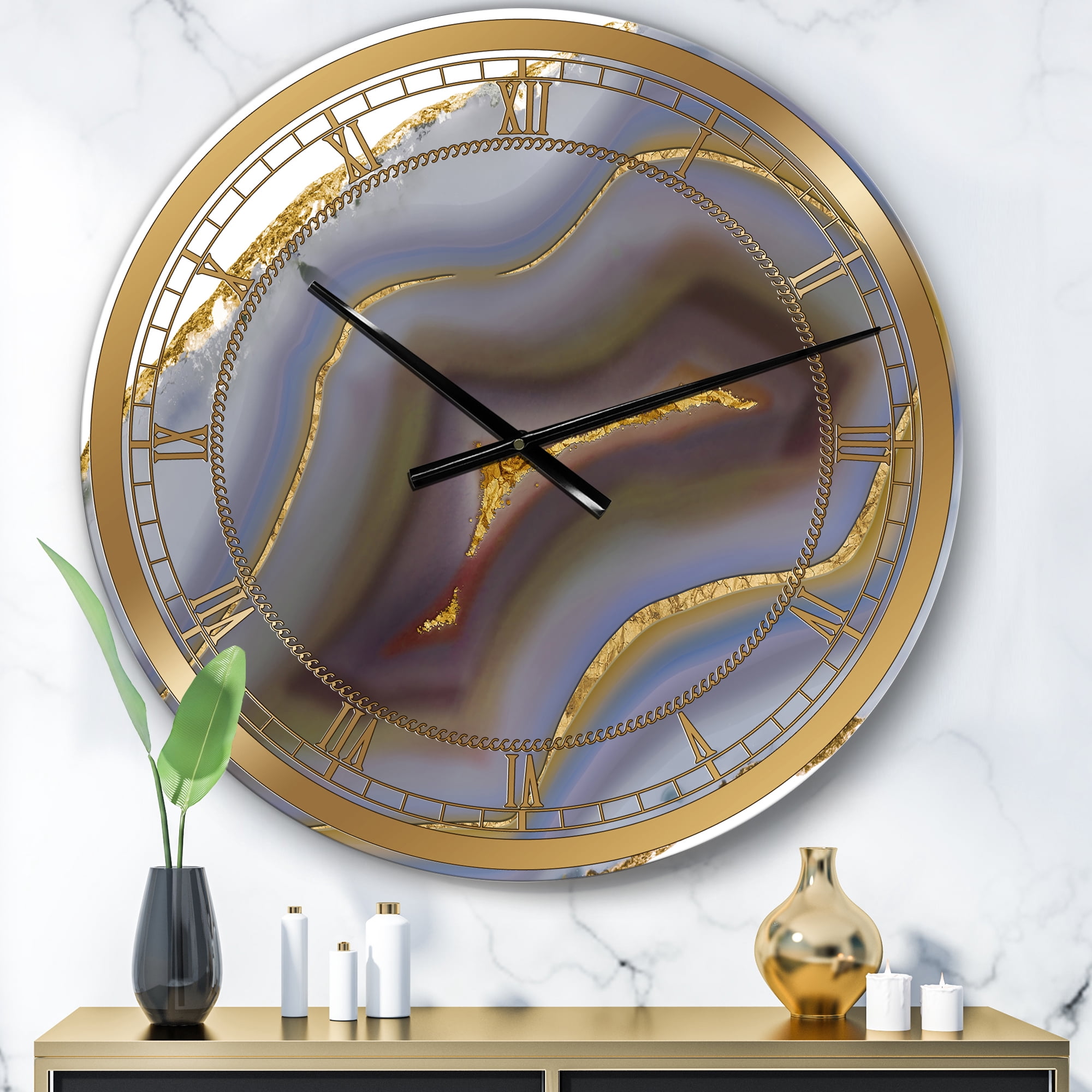 Designart Large Gold Analog Round Fashion Wall Clocks, CLM25711-C23