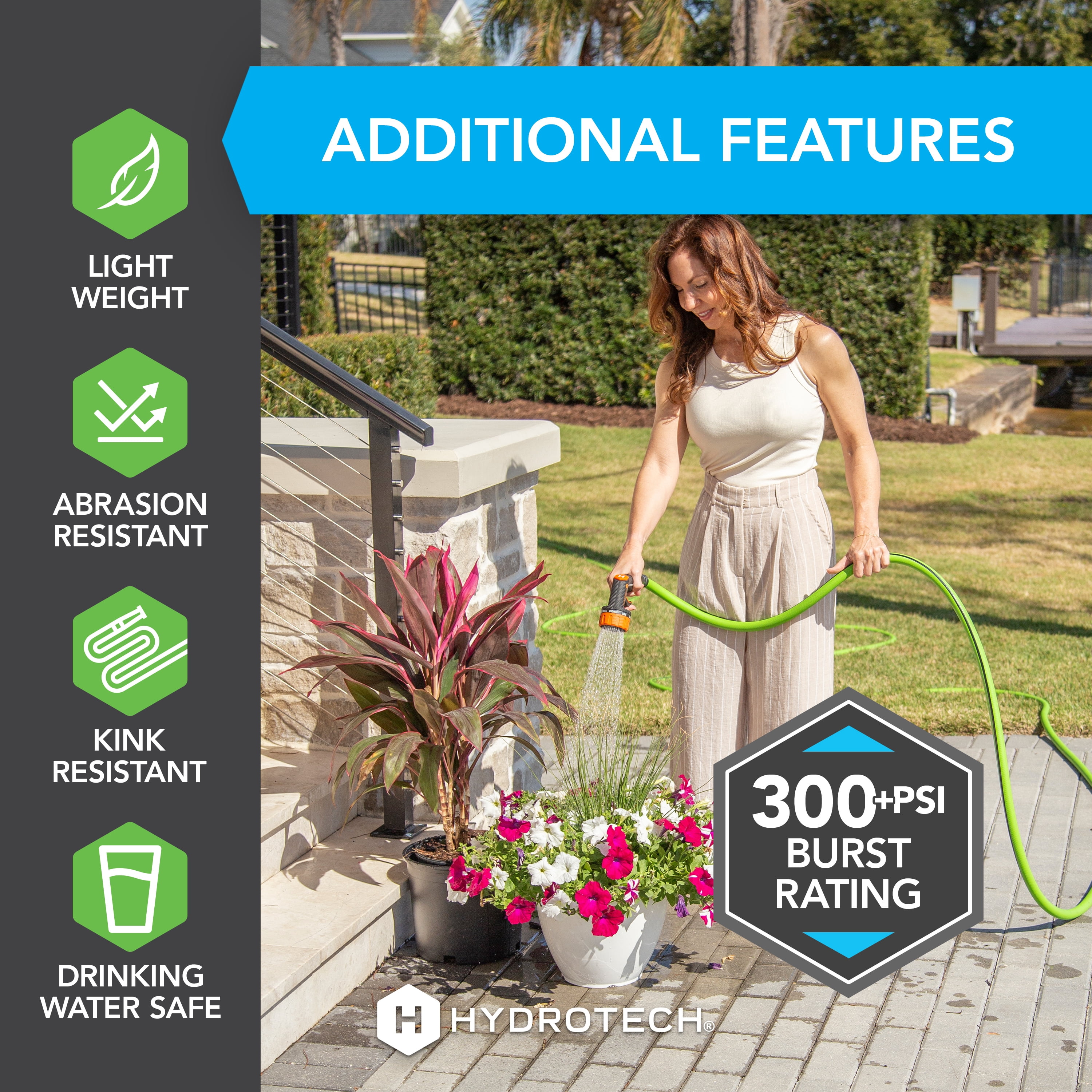 HydroTech Super-Lite 50 ft Garden Hose Hybrid Polymer Rubber 5/8"  – Ultra Lightweight Kink-Resistant Water Hose, Drinking Water Safe, Durable Polymer Construction with Force Control Technology