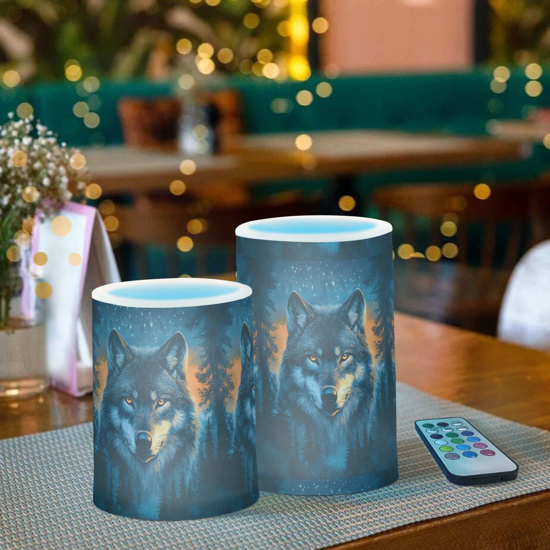 Wolf Flickering Flameless Candles Battery Operated with Remote Timer LED Pillar Candles Set of 2