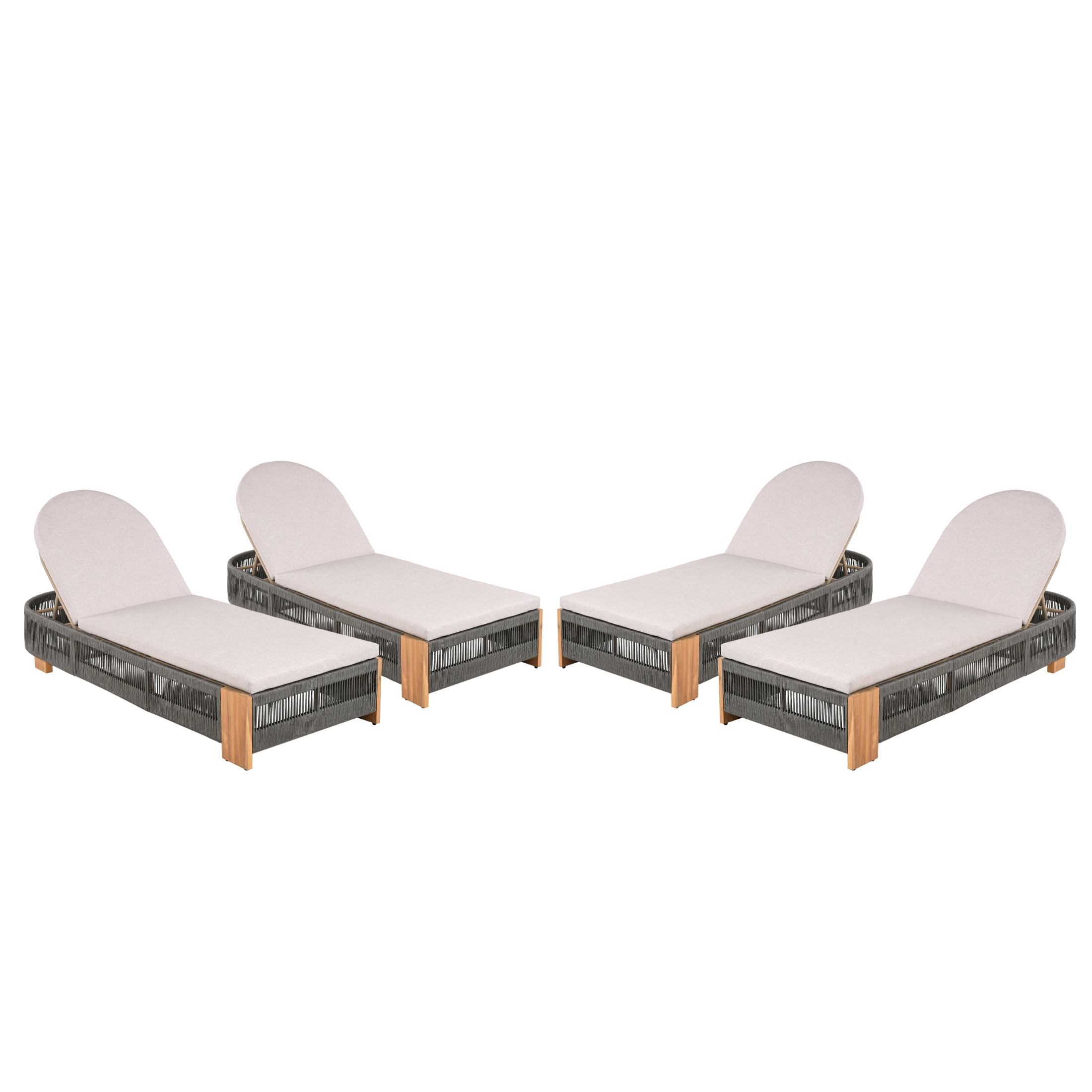 Chaise Lounge With Cushion, Teak look wood & Grey rope & Natural Metal