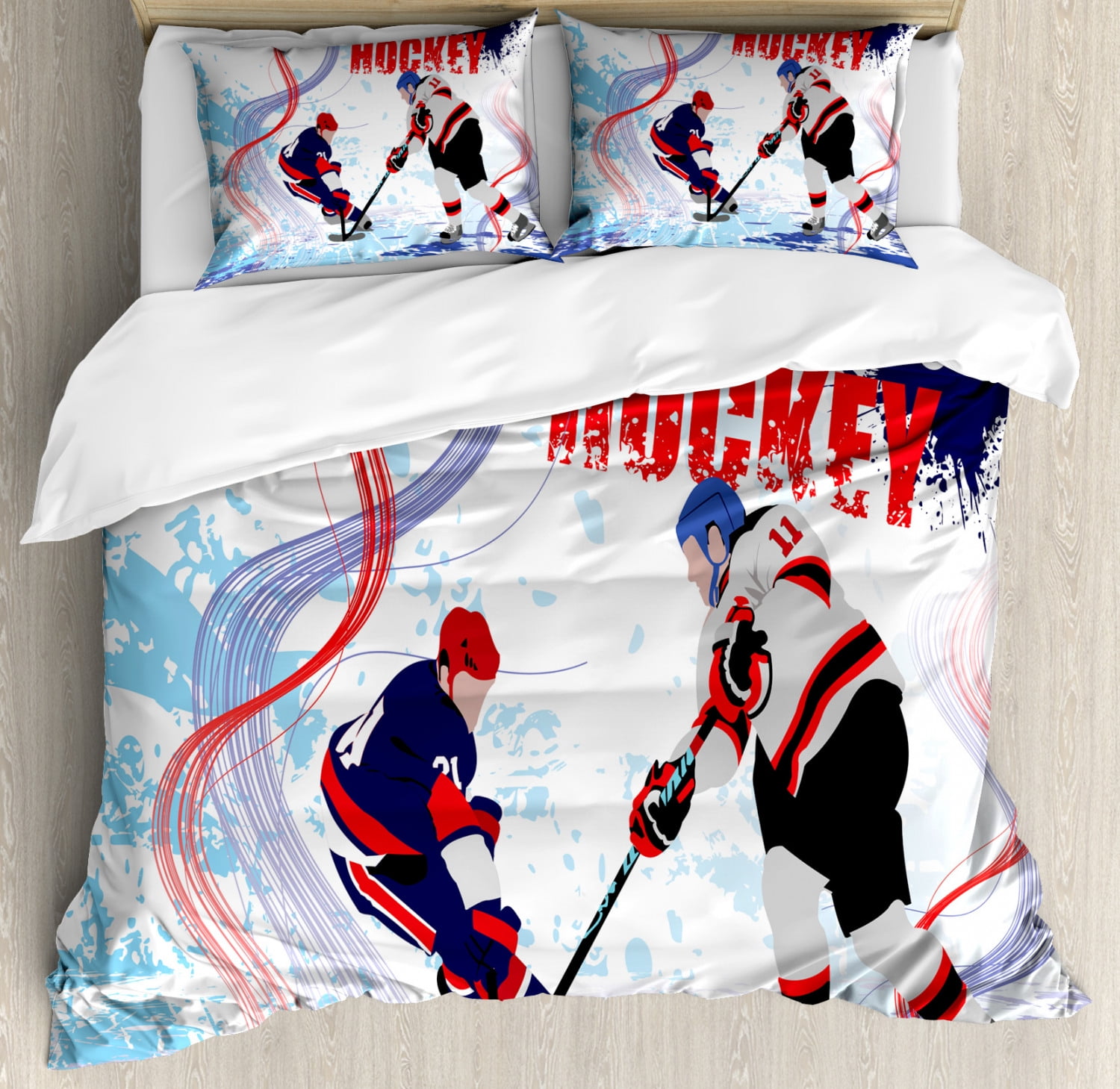 Hockey Duvet Cover Set Two Ice Hockey Players In Cartoon Style On