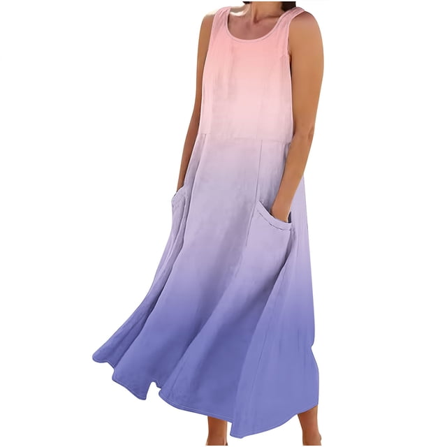 FAIWAD Robes d'Été Grande Taille pour Femmes 2024 Sans Manches Décontractées Robe Maxi Dégradé Boho Plage Robe Débardeur