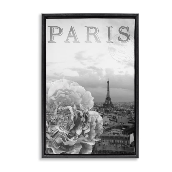 Stupell Industries Paris Postcard in Monochrome Black Framed Floater Canvas Wall Art, design by Emily Navas