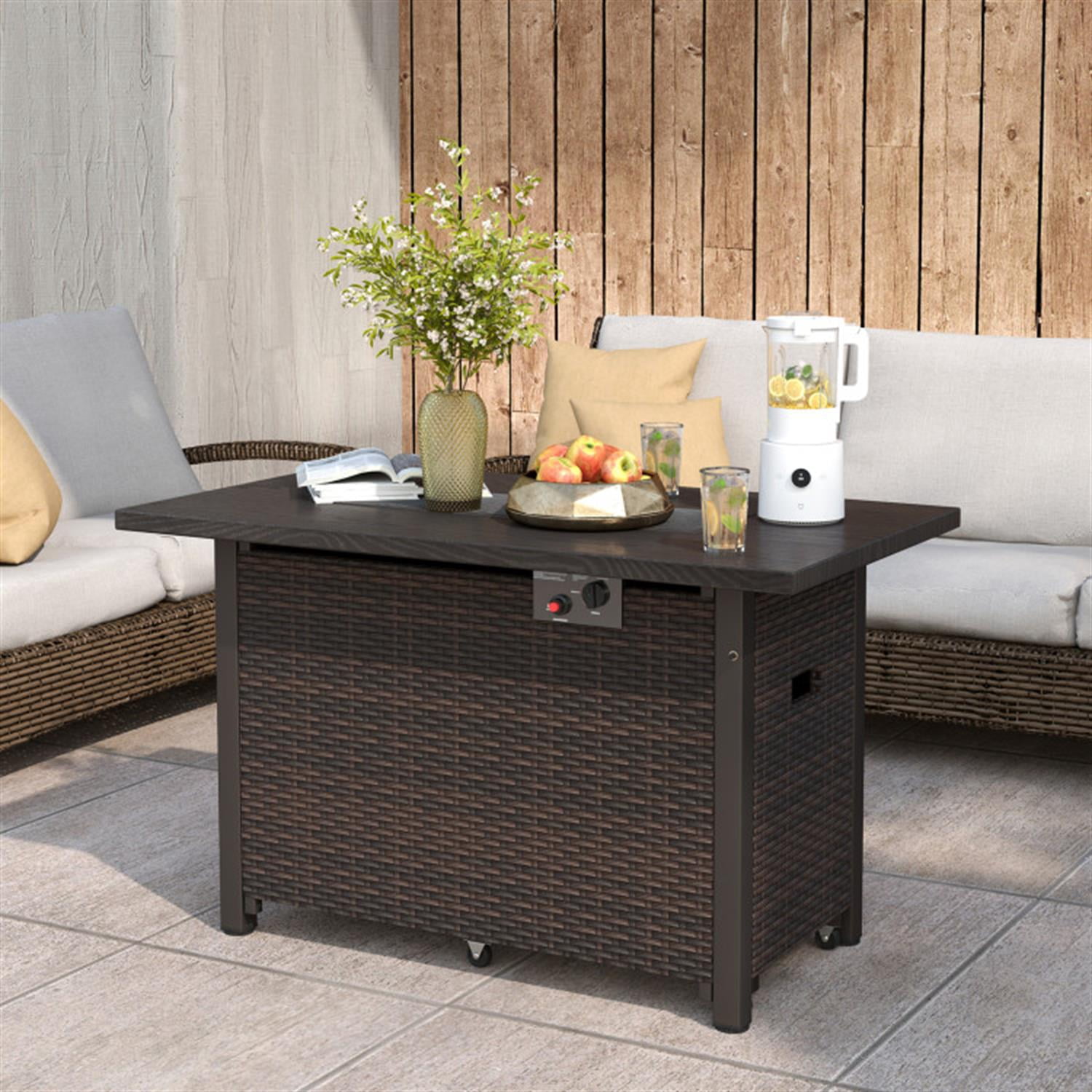Demi Bonn 50000 BTU 2" Outdoor Ropane Gas Fire Pit Table with Wind Guard and Glass Rocks for Garden and Patio, Brown