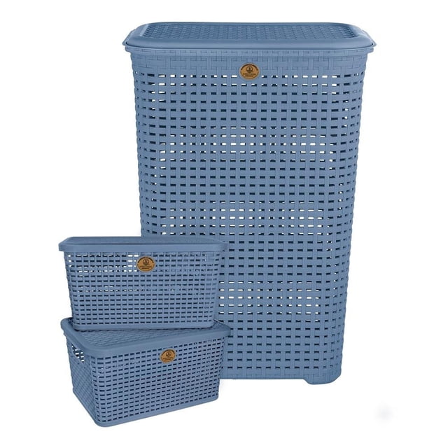 Cesto para ropa y cajas organizadoras La Ardilla Rattan con Tapa Azul