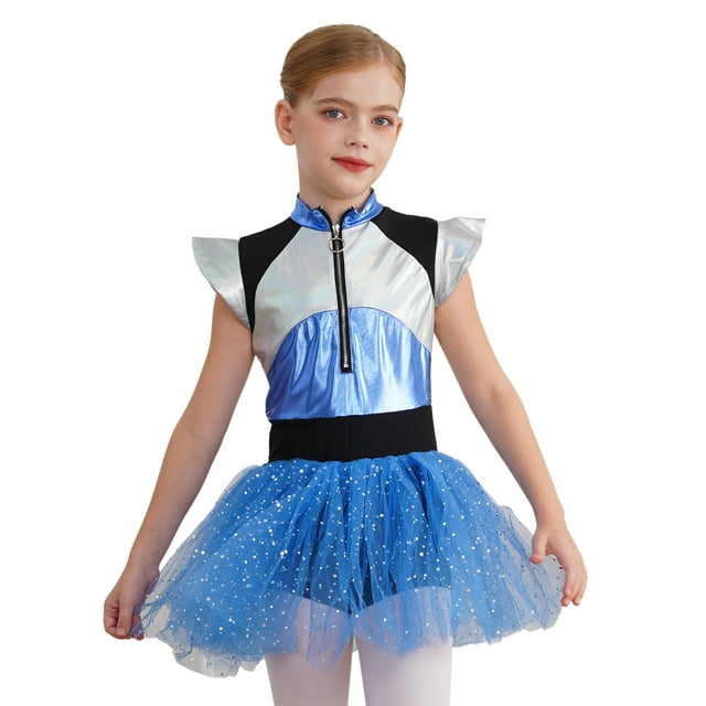 Hansber Robe Déguisement Alien pour Enfants Filles Manches Courtes en Tulle Métallique Robe Tutu Halloween Bleu 14