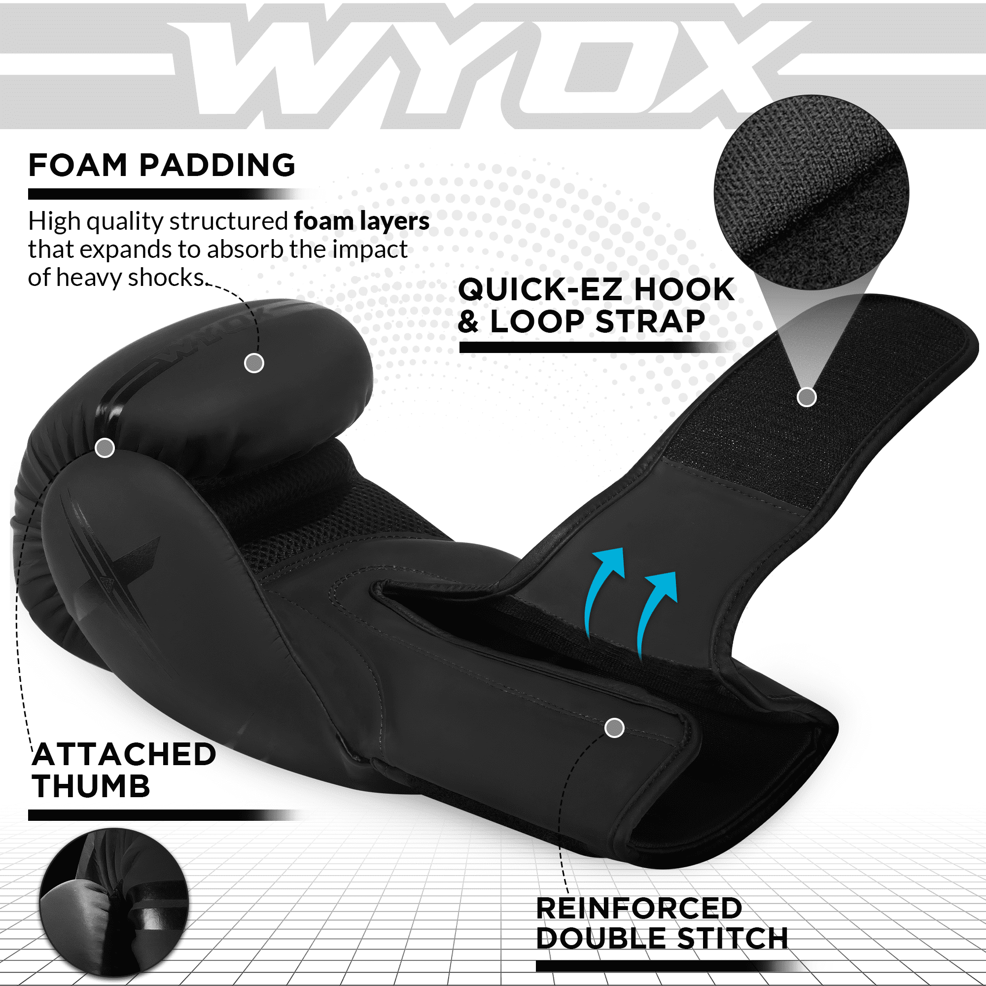 WYOX Boxing Gloves 10oz Adult Black – Men & Women | Workout, Punching, Pro Training, MMA, Kickboxing, Muay Thai, Heavy Bag