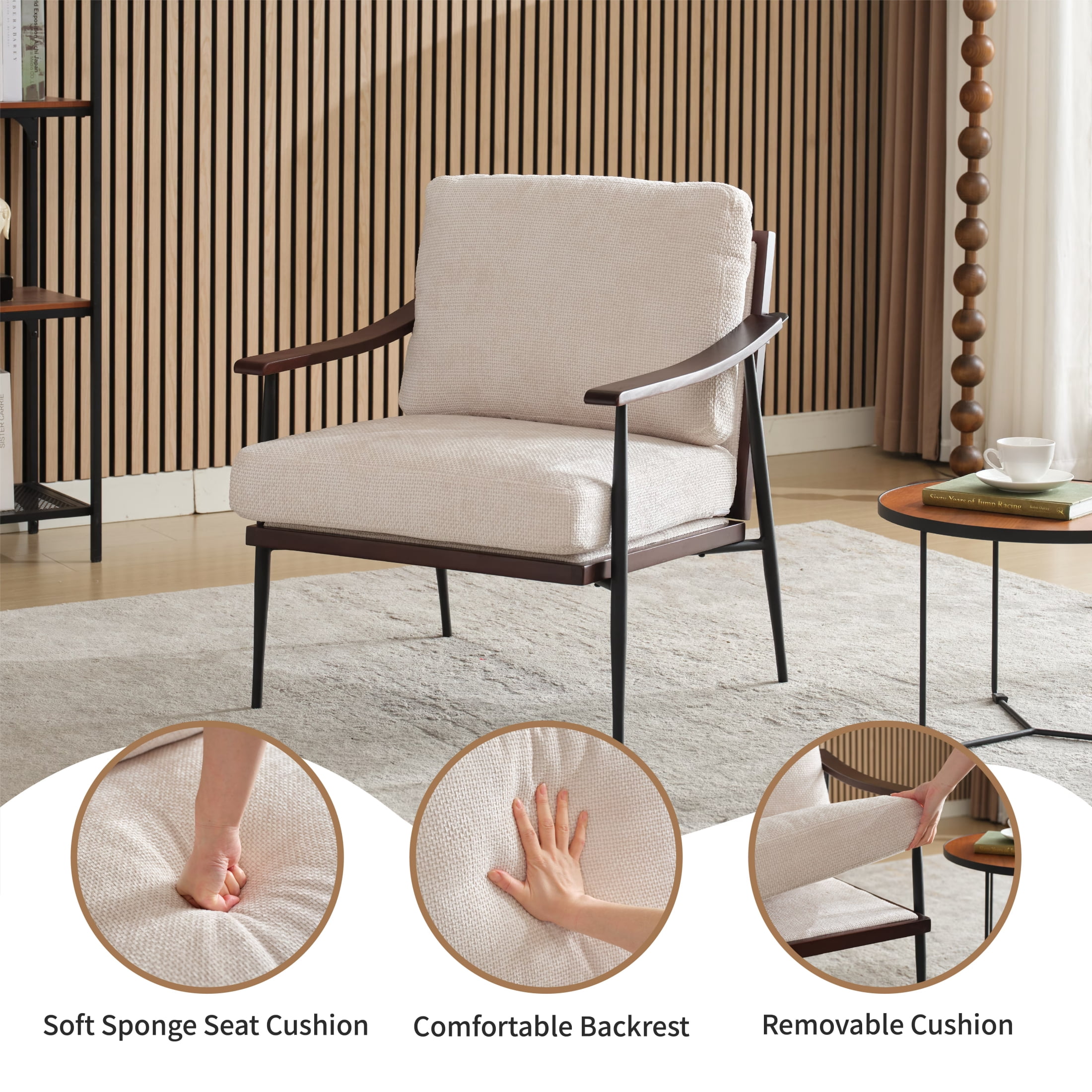 Vinform Modern Accent Chair, Arm Chair with Upholstered Thicker Cushion, Metal Frame for Living Room, Linen Fabric, Beige