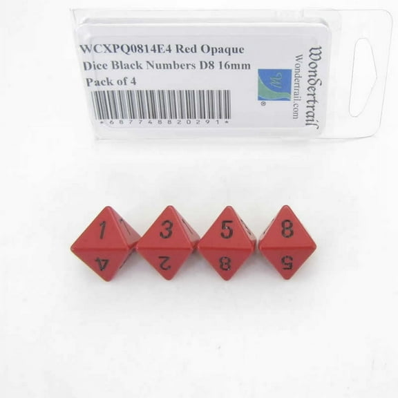 Red Opaque Dice with Black Numbers D8 Aprox 16mm (5/8in) Pack of 4 Wondertrail