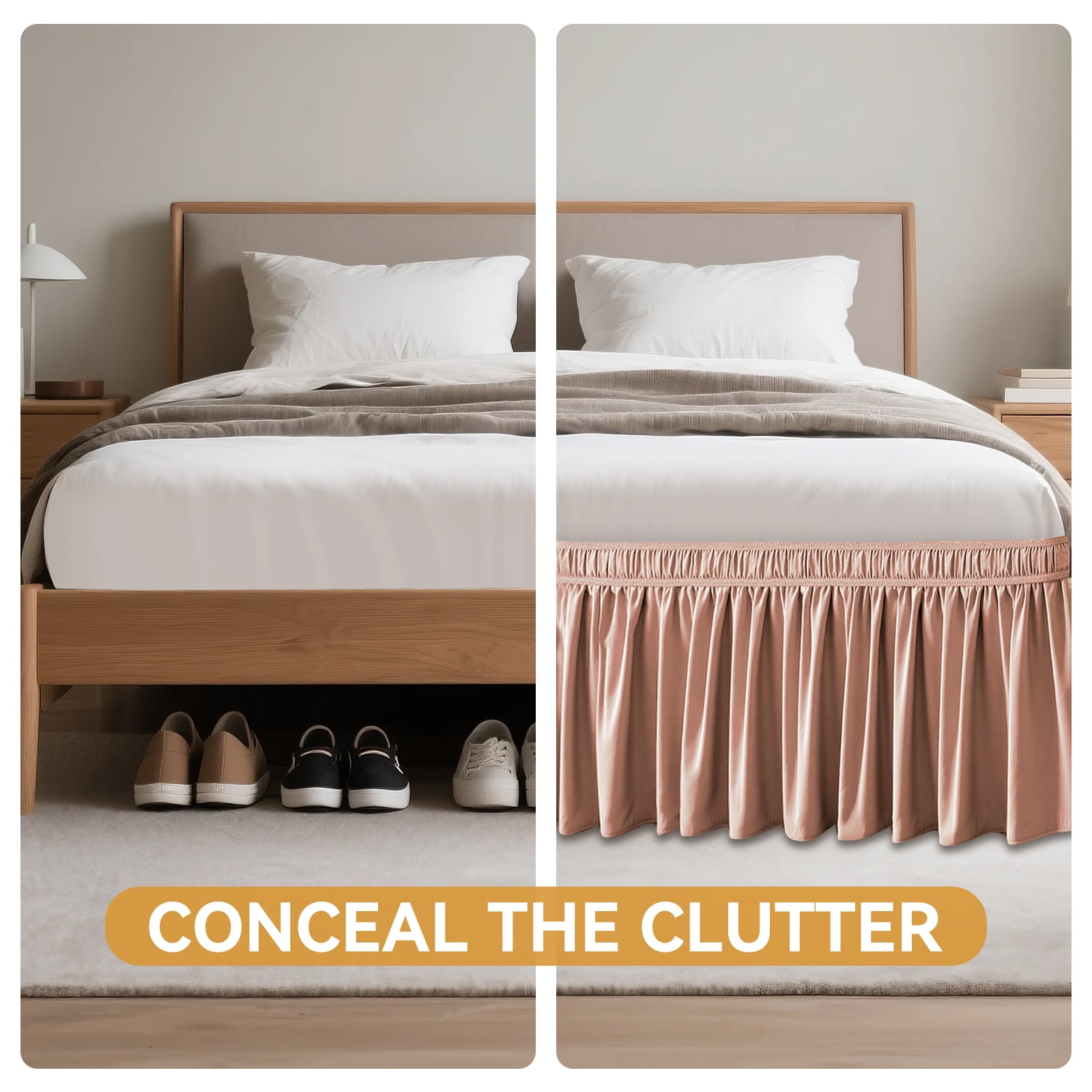 Lotus Root Pink Skirts, Wrap Around Dust Ruffle for Queen Beds, 15-inch Tailored Drop, Easy to Install and Clean