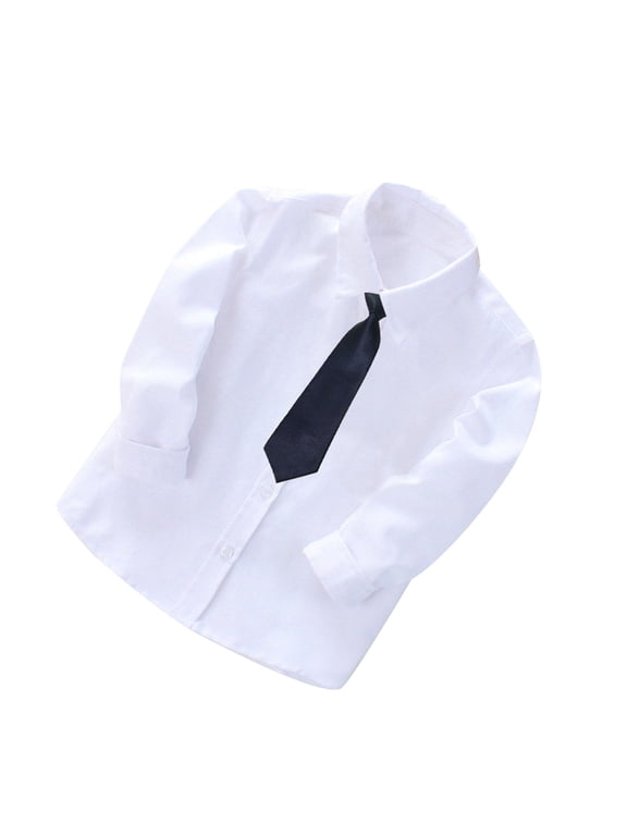 Toddler Boys Collared Dress Shirt with Matching Tie, Casual Long Sleeve Button Down Woven Solid Shirt Formal Uniform with Cuff Sleeves for Baby 2-14 Year Old