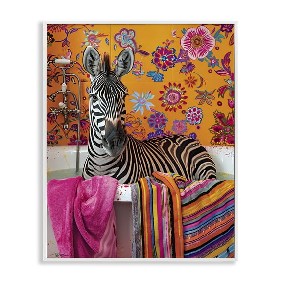 Stupell Industries Contemporary Zebra Bath with Colorful Towel White Framed Giclee Art, 16 x 20, by Momart