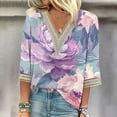 thumbnail image 2 of BangWanChi 3/4 Length Sleeve Womens Tops Plus Size 2024Fashion Women's Summer V-Neck 3/4 Sleeve Lace Print Casual T-Shirt Blouse, 2 of 5