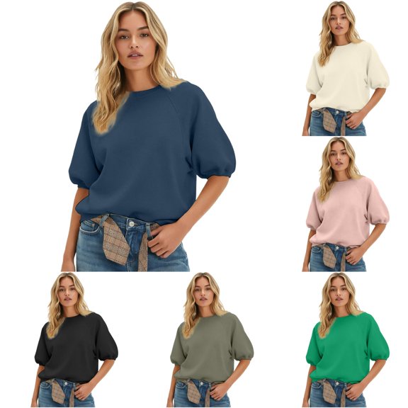 Unir Women's Raglan Puff Half Sleeve Crewneck Sweatshirt Oversized Cotton Feel Spring Casual Layering Top 1PC S-XXXL Plus Size Friendly