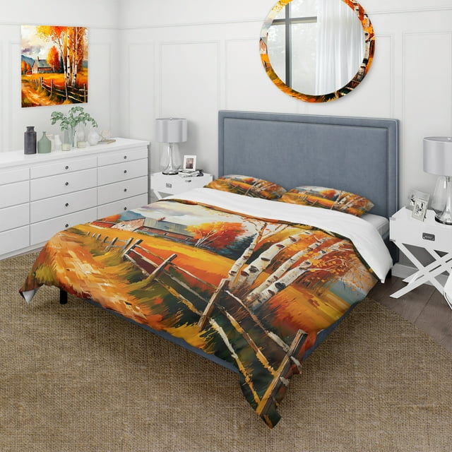 Designart "Cozy Autumnal Cottage IV" Landscape & Nature Bedding Covert Set - Winter Landscape Orange Landscapes Bed Set With 1 Sham