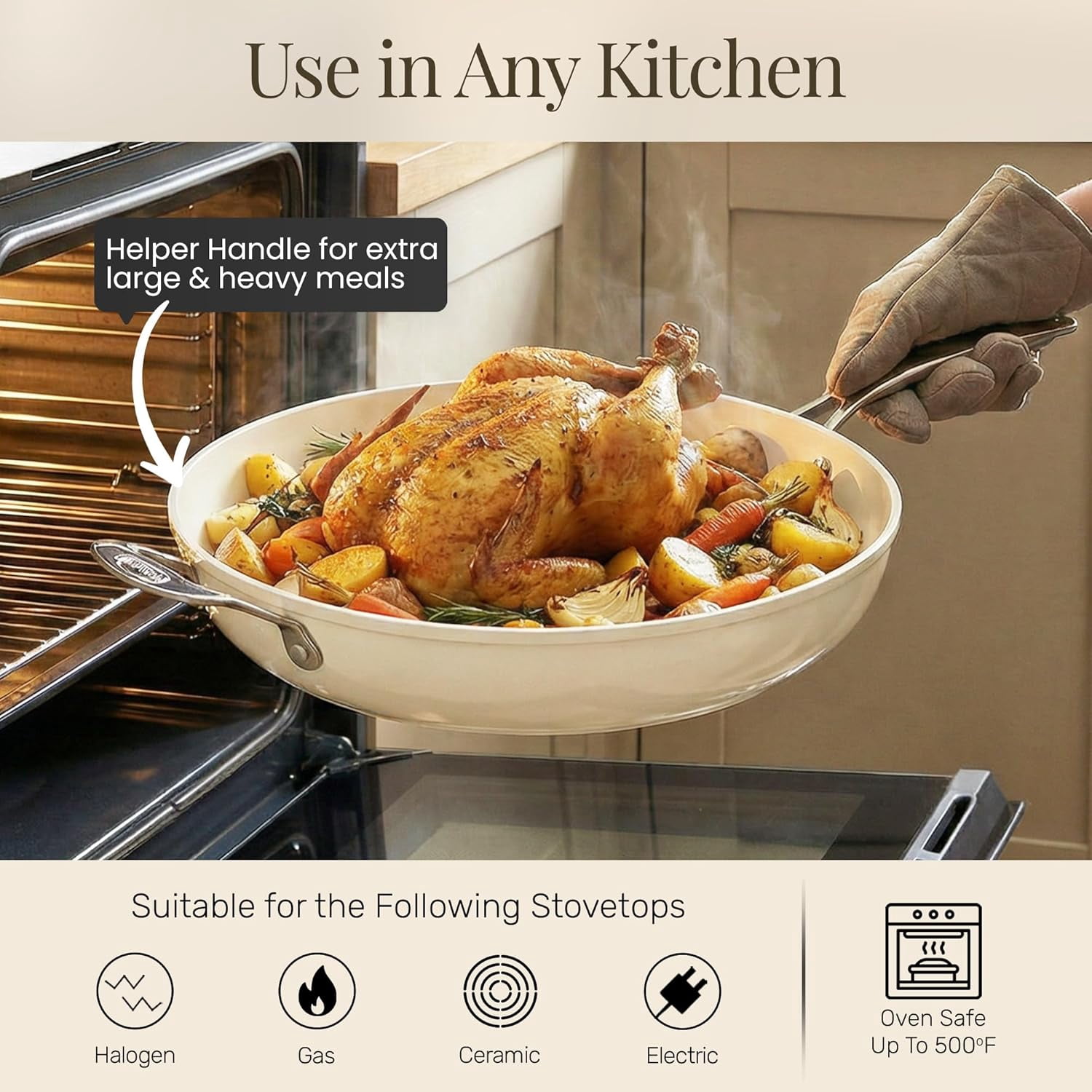 14 Inch Non Stick Frying Pans, Large Family Sized Nonstick Cooking Pan Skillet, Nonstick, Oven and Dishwasher Safe, Cream White