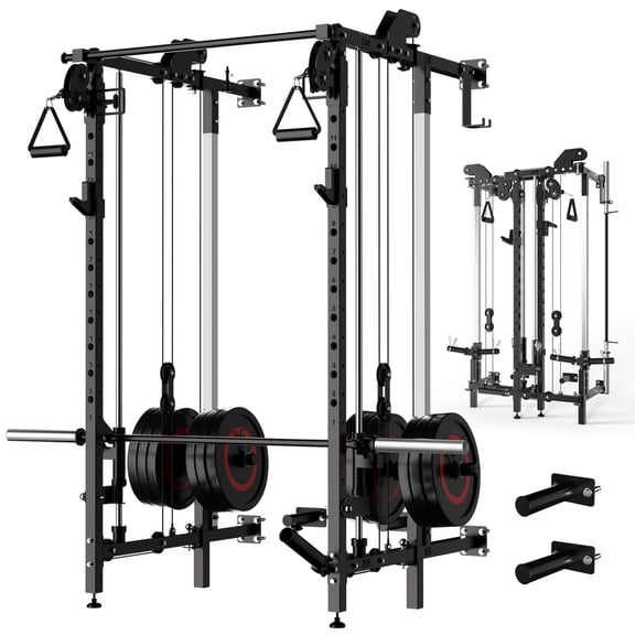 COZONY Folding Wall Mounted Squat Rack, Dual Independent Pulley System with Pull Up Bar & J-Hooks, Multi-Function Power Cage for Home Gym,Black