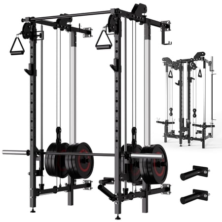 Space-Saving Wall Mounted Squat Rack with Pulley System & Pull-Up Bar, Heavy-Duty Folding Power Cage for Home Gym, Compact Design Fits Small Spaces, Only Power Rack