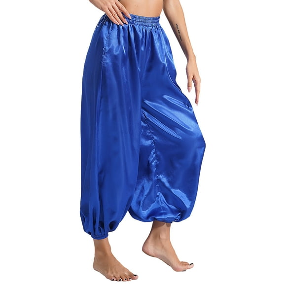 iiniim Womens Belly Dance Pants Satin Harem Pants Yoga Pants Indian Arabic Harem Trousers Royal Blue S