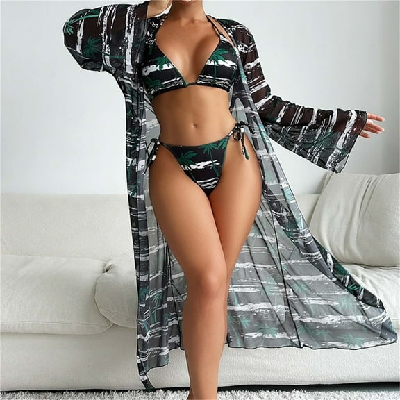 Wancir Women Bathing Suit 3 Piece Swimsuit Drawstring Bikini Set Long Sleeve Beach Cover Up Boho Swimwear Set with Boy Shorts