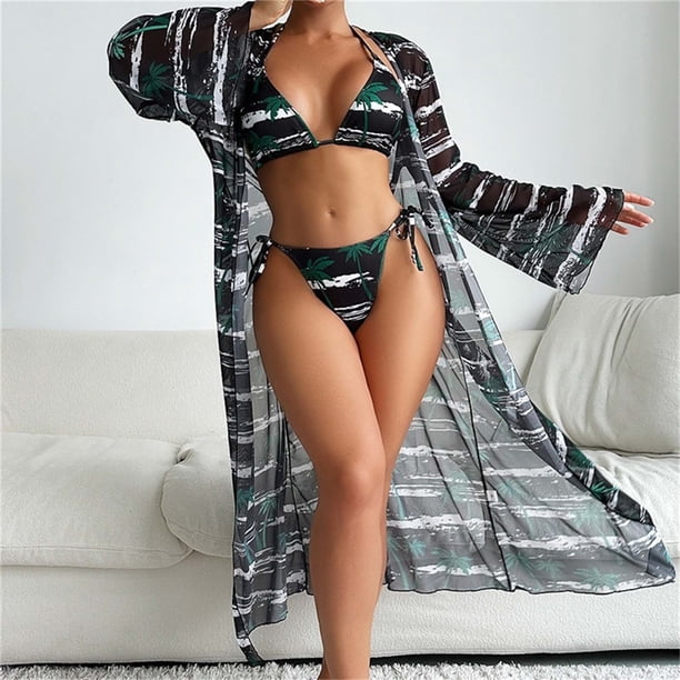 Trajes de baño para mujer, Trajes de baño para mujer, Traje de baño de tres piezas con tirantes de bikini estampados para mujer, Traje de baño de nailon para mujer