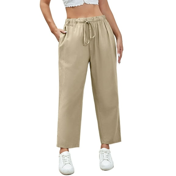 Seductiva Women's Pants Womens Casual Cotton Linen Pants Lightweight Elastic Waist Cropped Pants Plus Size Solid Trousers Business Work Casual Pants
