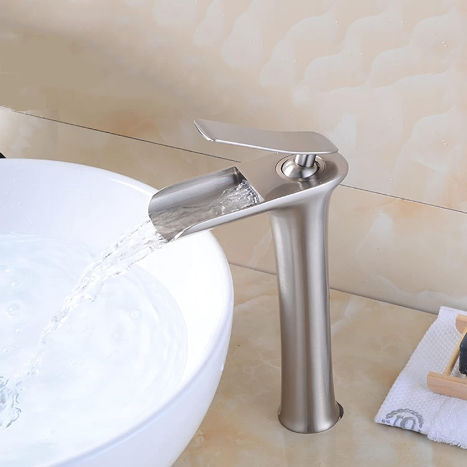 Bathroom Waterfall Faucets for Sink, Solid Brass, Hot and Cold Water Mixer Tap, Single Handle Waterfall Bathroom Sink Faucets Brushed, High