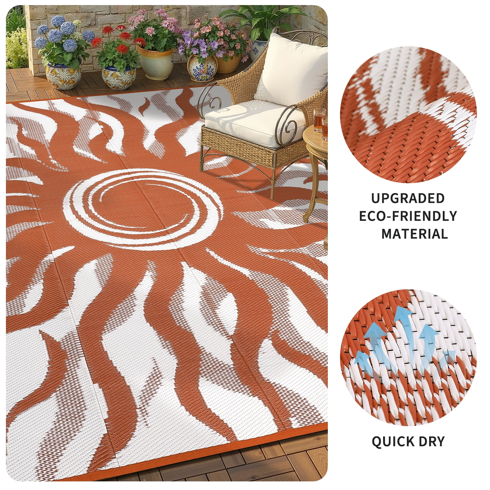 Garvee 8x10ft Outdoor Rug Waterproof Reversible Plastic Straw Rug, Modern Boho Sun Pattern Rug, Large RV Camping Mat Portable Outdoor Carpet for Patio, Balcony, Picnic, Beach, Deck, Red/White