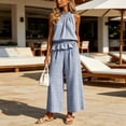 thumbnail image 6 of KIHOUT Women 2 Piece Outfits Halter Neck Sleeveless Ruffled Top and High Waisted Wide Leg Pants Set Gingham Print Casual Summer Lounge Wear with Pockets, 6 of 6