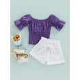 thumbnail image 2 of Franhais Girls Summer Three-Piece Outfits, Solid Color Short Sleeve Pleated T-Shirt + Ruffled Short Pants + Decorative Waist Belt, 2 of 8