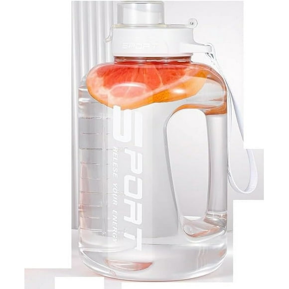 HUGFEGWE Water bottle with straw and lid - 60 oz. (about 1.7 kg) with time marker and handle - BPA-free jug, large water bottle (white) CJB91-72546