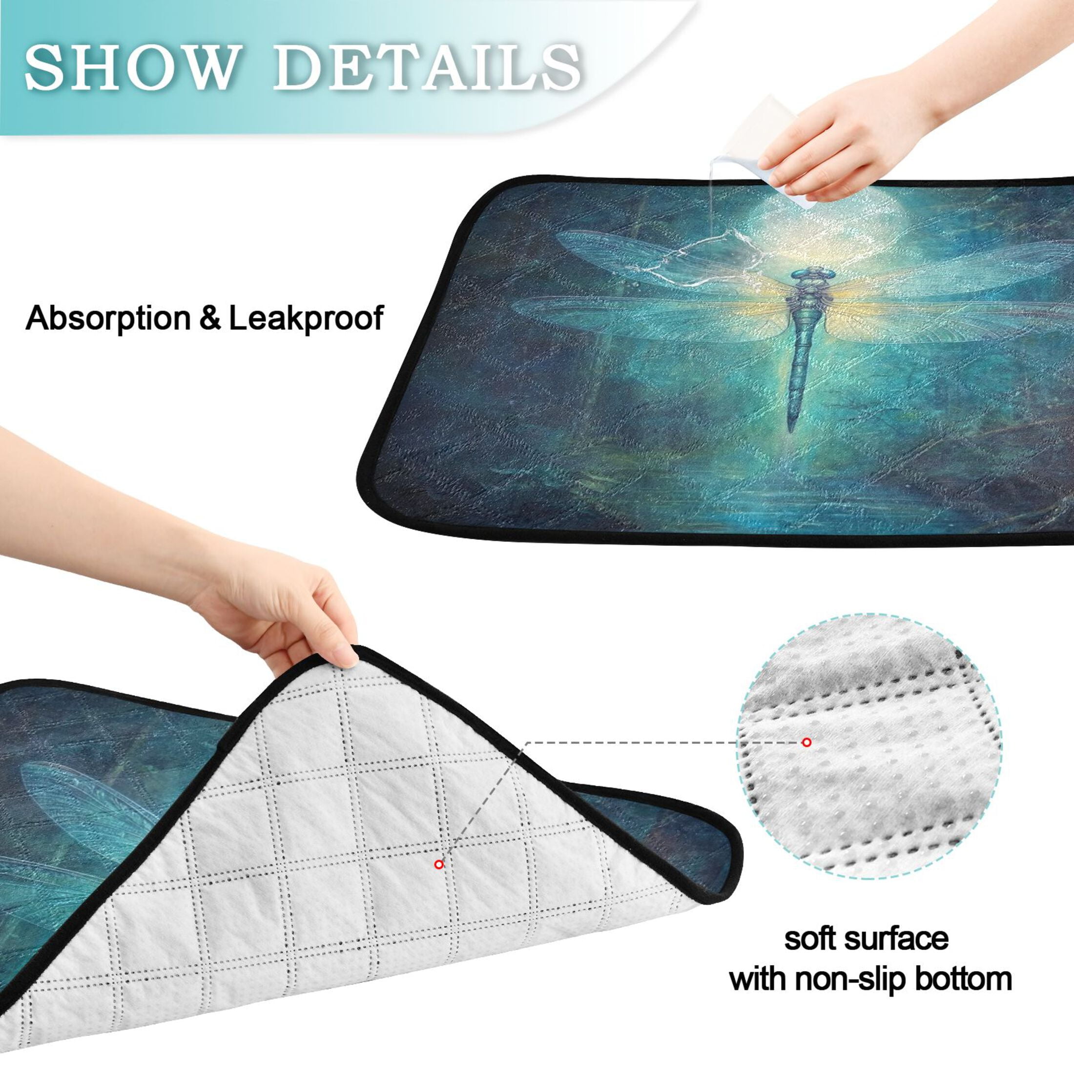 Qxltty Tranquility Dragonfly Cat litter Pads Pet Set of 3 Diaper Mats Center Anti-leakage Layer Absorbent Soft and Comfortable