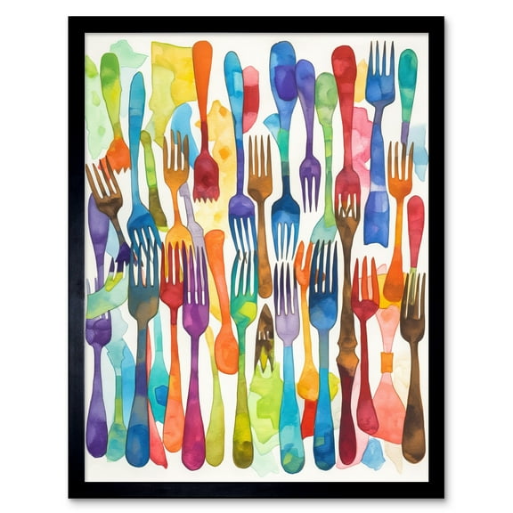 Cutlery Pattern Multicoloured Forks Watercolour Painting Art Print Framed Poster Wall Decor 12x16 inch