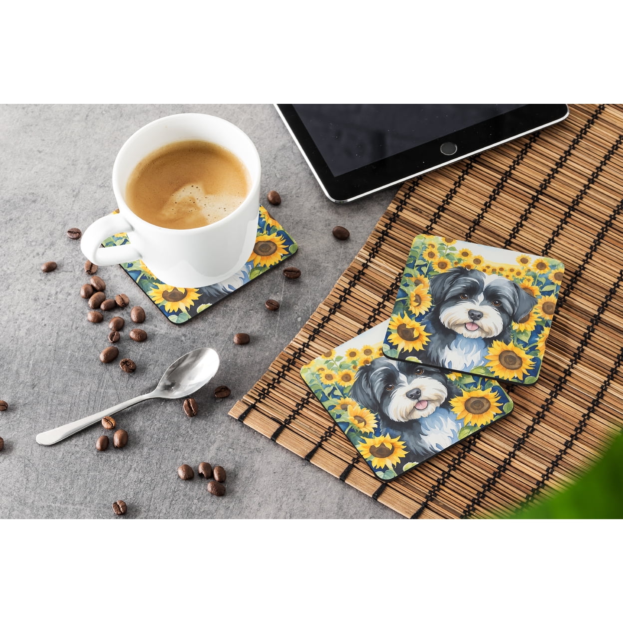 Havanese in Sunflowers Foam Coasters 3.5 in x 3.5 in