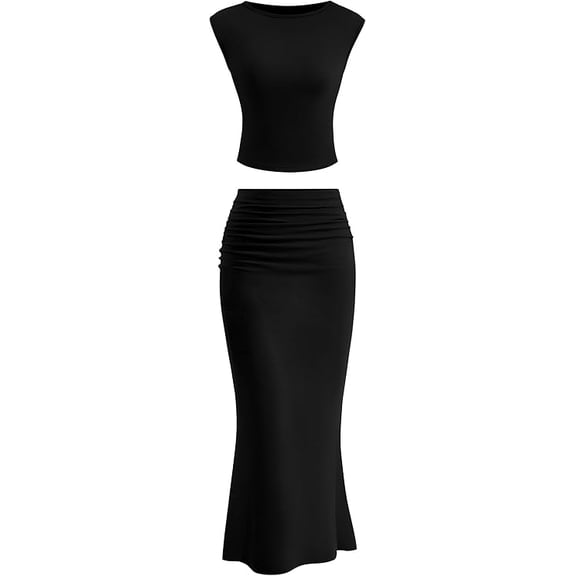 PRETTYGARDEN Skirt Sets Women 2 Piece Outfits Summer Outfits Going Out Crop Tops Long Maxi Skirts Beach Vacation Clothes