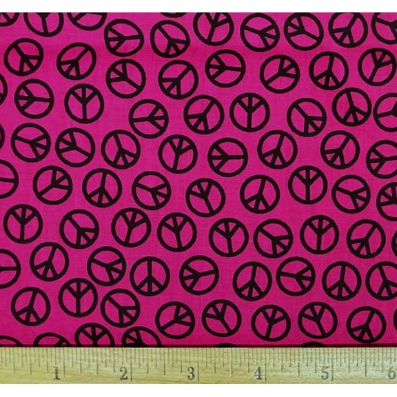 1 Fat Quarter - Black Peace Signs on Pink Magenta Cotton Fabric - 21" X 18"