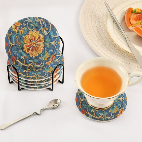 BZSMCE 6Pcs Drink Coasters With Holder 3.94Inch Bohemia Seamlee Pattern Creative Coil Coaster Coasters Colors Absorbent Coasters for Drinks Coasters Set Thicken Heat for Home Table