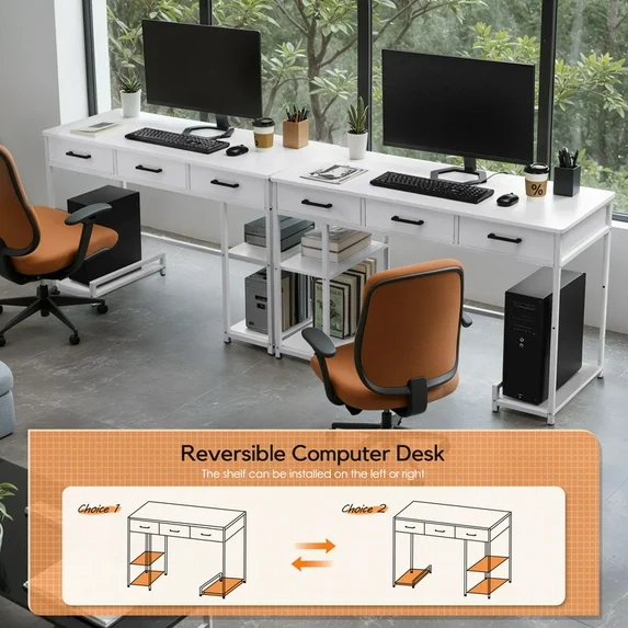 Furmax 47” Home Office Computer Desk  Writing Table with 3 Fabric Drawers and Storage Shelves & Hooks for Small Spaces, Home Office , Student Study, White