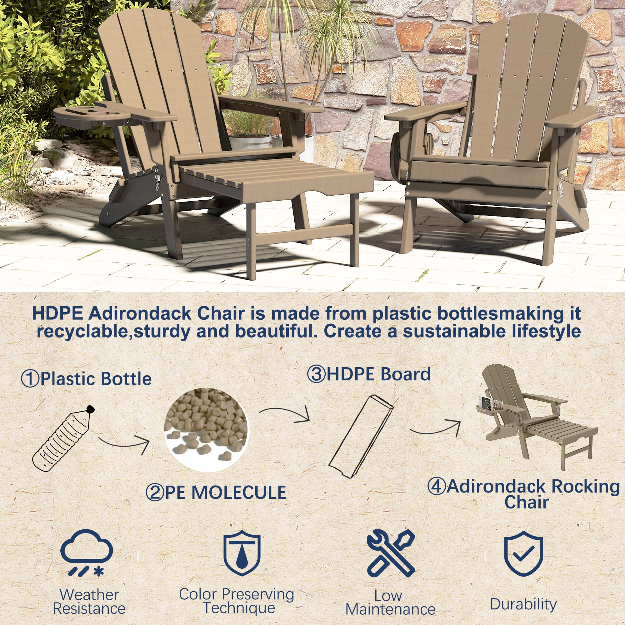 2PCS Folding Adirondack Chair with Ottoman, Adjustable Backrest Plastic HDPE Adirondack Chairs w/4 in 1 Cup Holder Tray, Brown