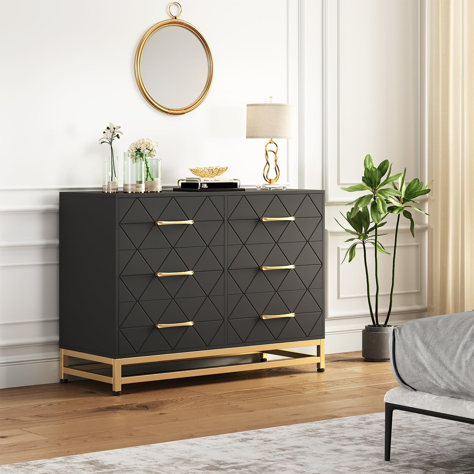 TROPOW Dressers & Chests of Drawers,6 Drawers Dresser for Bedroom, TV Stand Dressers Chest of Drawers for Living Room Hallway Entryway, Black